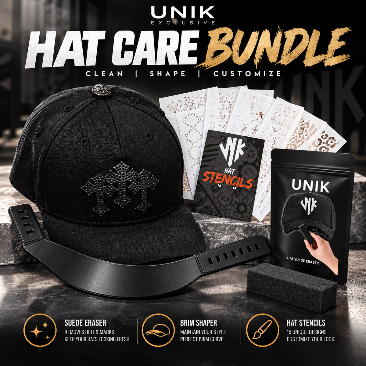 UNIK Hat Care Bundle with brim shaper, 15 hat stencils, and suede eraser